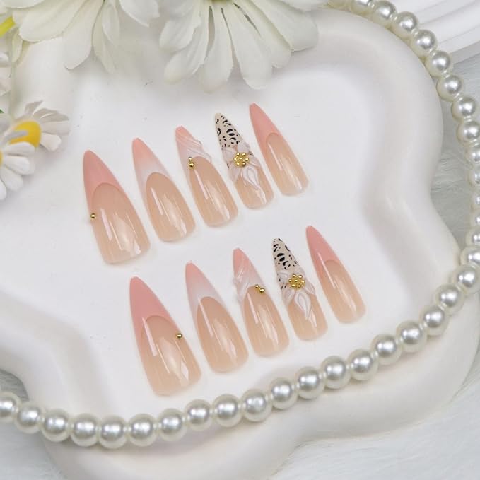 Fall Press on Nails Long Almond Fake Nails with Leopard Print Flower Designs Pink French Tip Nails Press ons Cute Acrylic Nails for Women 24Pcs