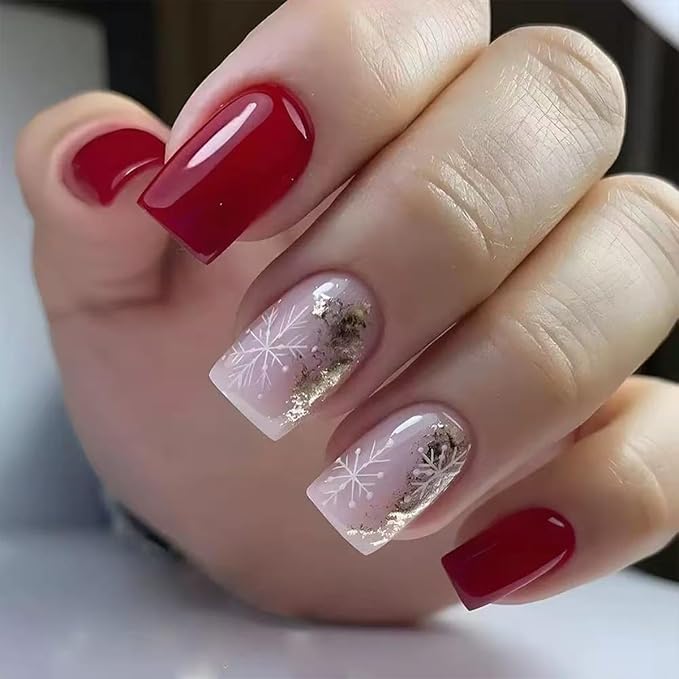 144 Pcs Christmas Press on Nails Short Square Fake Nails with Snowflake False Nails with Designs Elk Glue on Nail Full Cover Winter Xmas Acrylic Stick on Nail for Women Manicure 6 Packs