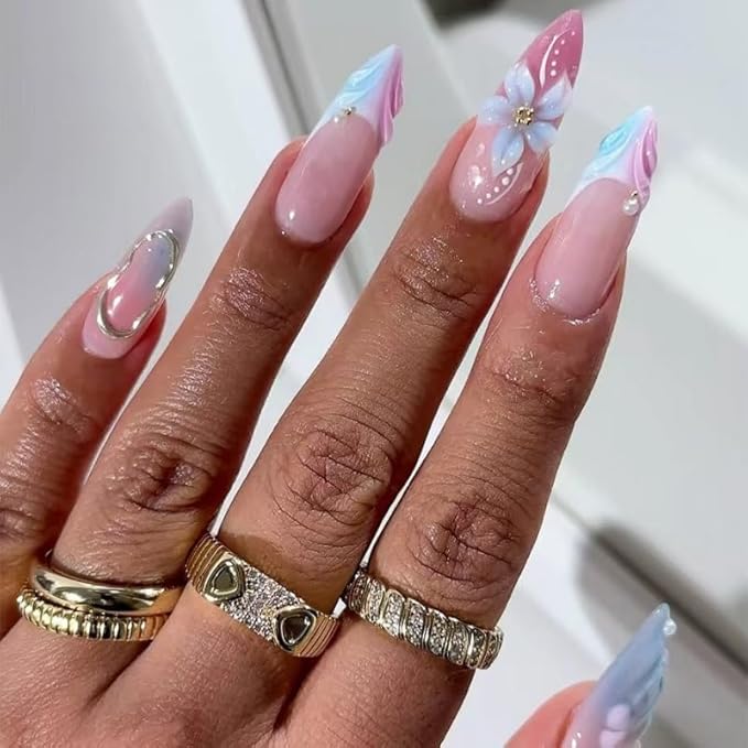 Long Almond Press on Nails with 3D Flowers Pastel Blue Fake Nails Glitter Fake Nails Elegant Stick on Nail for Women 24pcs