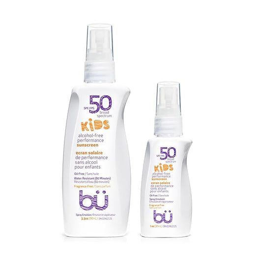 BU SPF 50 Fragrance Free Kids Sunscreen Spray for Face and Body, TSA Travel Size Sunscreen, Clear Non Aeorsol Spray, Non Greasy, Water Resistant and Oil Free, 3.3 oz and 1 oz (2-Piece Bundle)