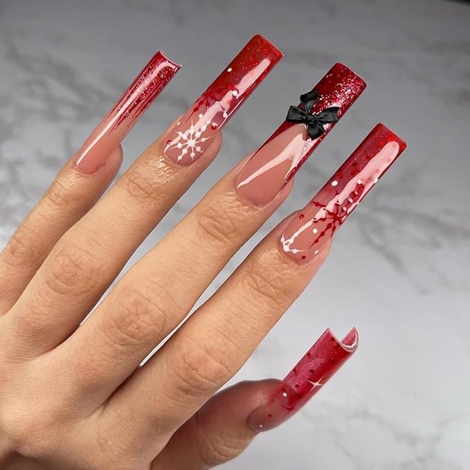 Christmas Press on Nails New Year Long Square Fake Nails Red French Tip False Nails Snowflake Design Full Cover Glossy Glue on Nails for Women 24PCS