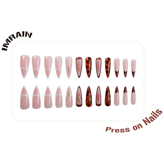 IMRAIN Press on Nails Long Stiletto Fake Nails Brown Amber French Nail Tips Full Cover Glossy Acrylic Fall False Nails for Women 24Pcs