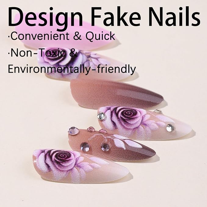 24Pcs Flower Press on Nails with Rhinestone Design False Nails Glossy Glue on Nails Purple Rose Acrylic Medium False Nails Flowers Stick on Nails for Women Nail Art Floral Finger Manicure Decorations
