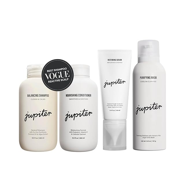 Jupiter Oil Control & Exfoliation Bundle, Anti-Dandruff Shampoo, Conditioner, Restoring Serum, & Purifying Mask for Women & Men, Dermatologist-Formulated for Flaky, Itchy, Oily, & Dry Scalp