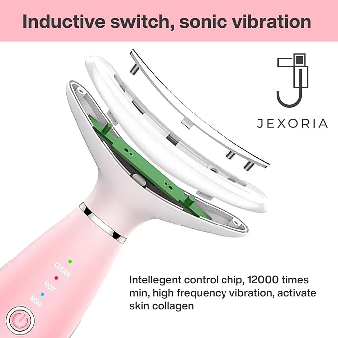 7 Color LED Light Therapy with Heat & Vibration - Women's Face & Neck Massager - Skin Firming Tool - Facial Tightening and Jawline Care