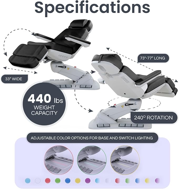 Massage Tools - Professional Spa and Facial Chair with 240° Rotation, LED Lighting, Memory Settings, and Adjustable Headrest - Premium Service Bed and Spa Chair for Salon and Facials - Grey