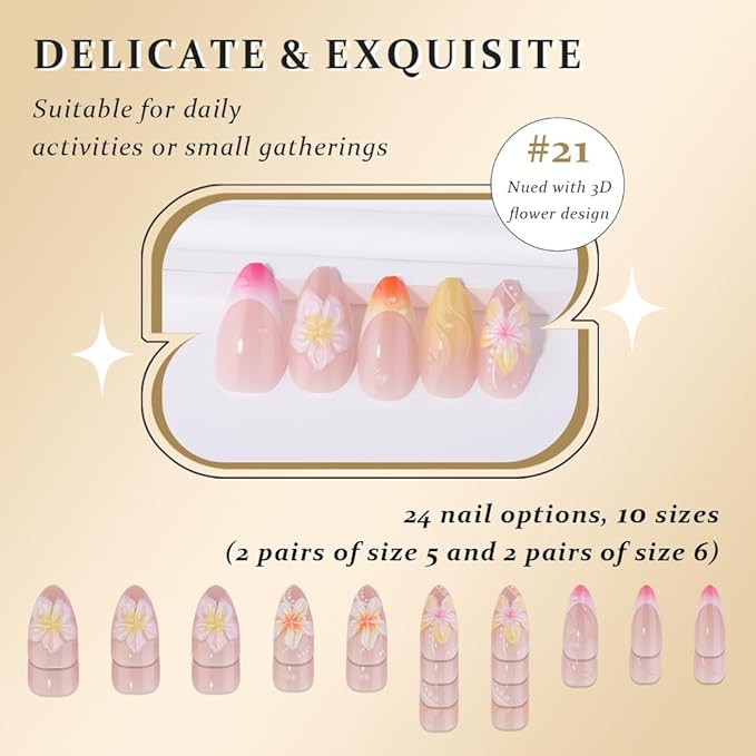 Handmade 3D White Flower Colour French Tips Press On Nails Short Medium Oval, Floral Yellow French Tip Designer Reusable Acrylic Fake Nails With Cute Glue On Nails, Daily Wear Nails For Women