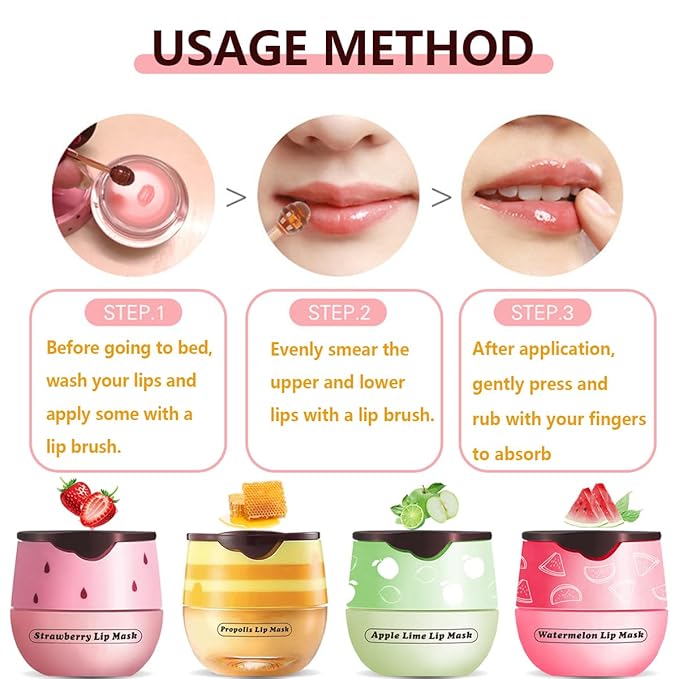 4 Pcs Honey&Strawberry Lip Balm, Apple Watermelon Lip Mask, Moisturizing Lip Sleeping Mask, Hydrate Repair Prevent Dry Cracked Exfoliator Lip Care (Honey+Strawberry+Apple Lime+Watermelon)