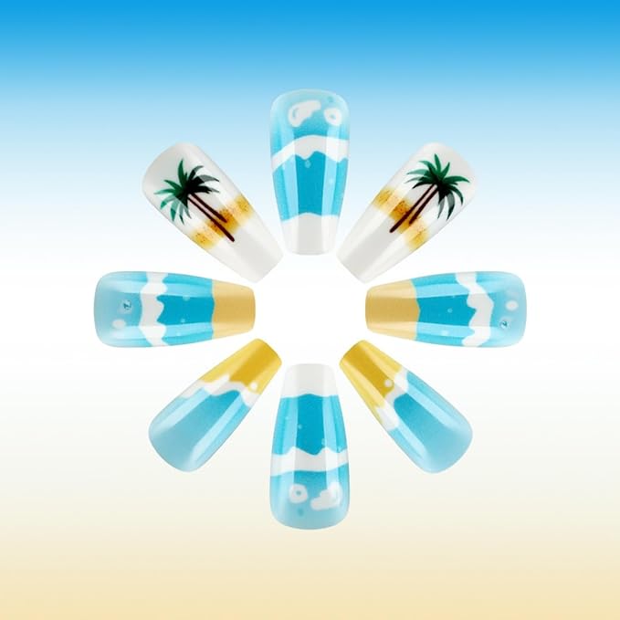 Summer Press on Nails Medium Square Fake Nails with Designs Sea wave Ocean False Nails Blue Glossy Full Cover Acrylic Nails Coconut Tree Glue on Nails Artificial Stick on Nails for Women 24 Pcs