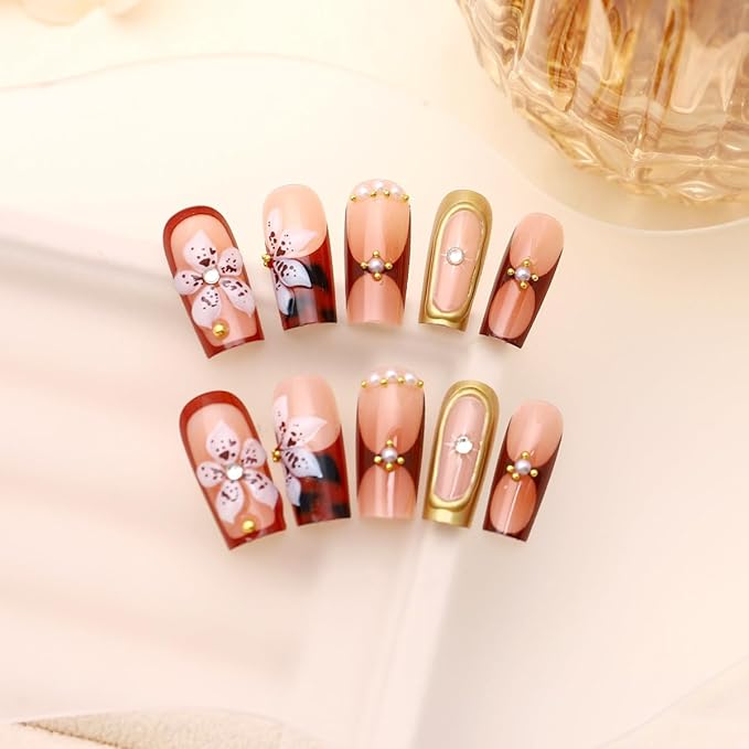 Long Press on Nails Square Fake Nails French Tip False Nails with Flowers Designs Artificial Nails Brown Stick on Nails for Women 24pcs