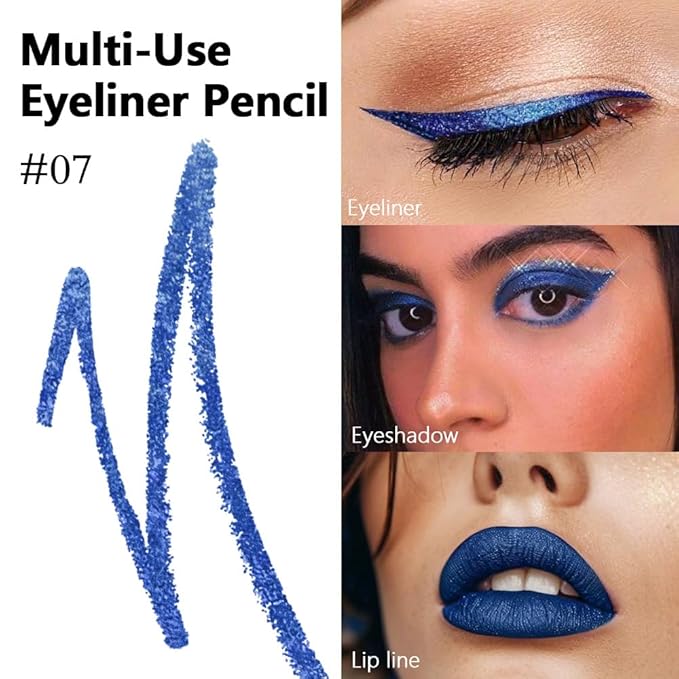 evpct Blue Glitter Eyeliner Pencil for Eyes, Dark Royal Blue Metallic Shimmer Eye Liner Pencil Makeup Waterproof Smudge Proof, Colored Gel Waterline Eyeliner, Face Eye Paint Stick Halloween Makeup 07