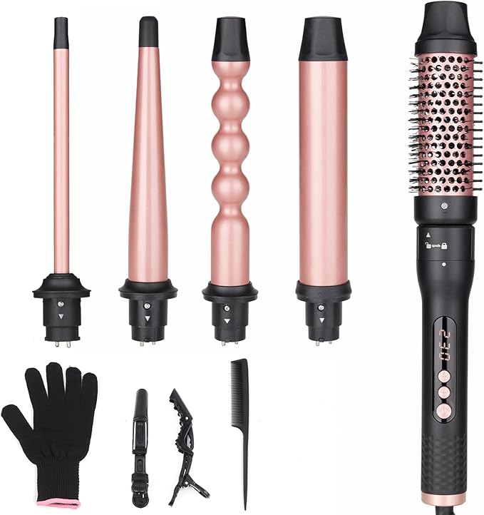 5 in 1 Curling Iron Brush Set with Thermal Brush and 4 Interchangeable Ceramic Curling Wand(0.5”-1.25”), Fast Heating, Dual Voltage, Include Glove