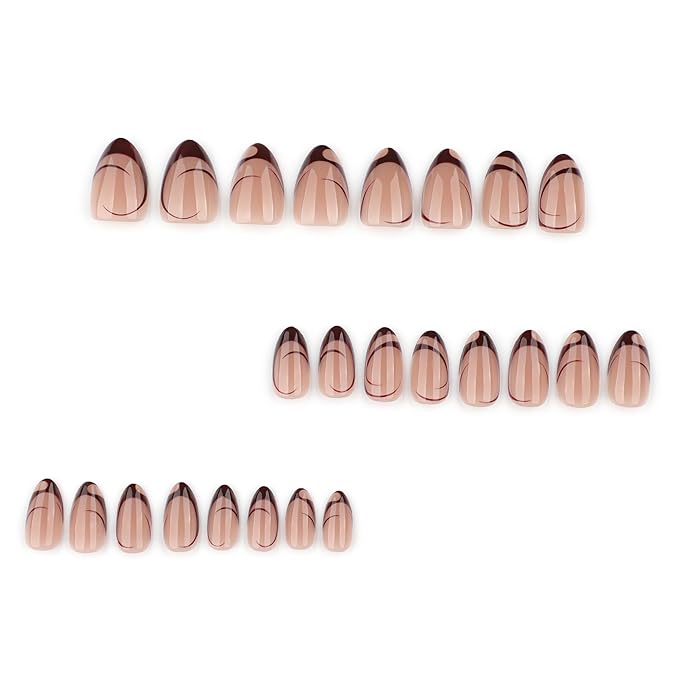 Brown French Tip Press On Nails Acrylic for Women - Designer Fake Nails Short Almond 24PCS, Glossy Soft Gel with Glue, Outdoor Picnic/Wedding/Party Reusable Glue On Nails Stick On Nails Gift