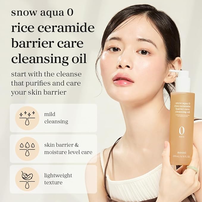 NOONI Korean Cleansing Oil – Snow Aqua 0 Rice Ceramide Barrier Care Cleansing Oil | Makeup Remover, Face Wash, Gentle Facial Cleanser, Pore Care, Korean Skin Care, Vegan, Stocking Stuffers, 6.76 Fl Oz