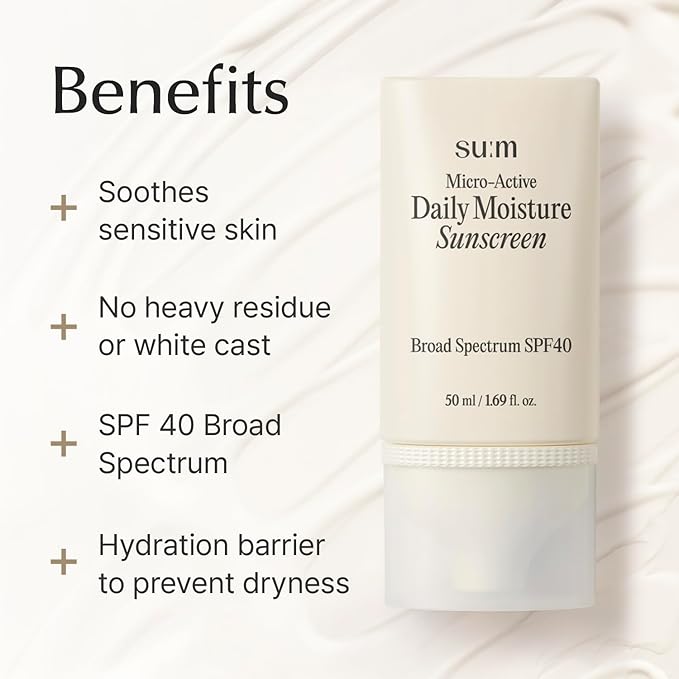 SU:M Micro-Active Daily Moisture Sunscreen (1.69fl oz) - Korean Skincare SPF 40 for UV Protection, Hydration, Soothing Sensitive Skin, No White Cast. With Biopeptide190 & Niacinamide.