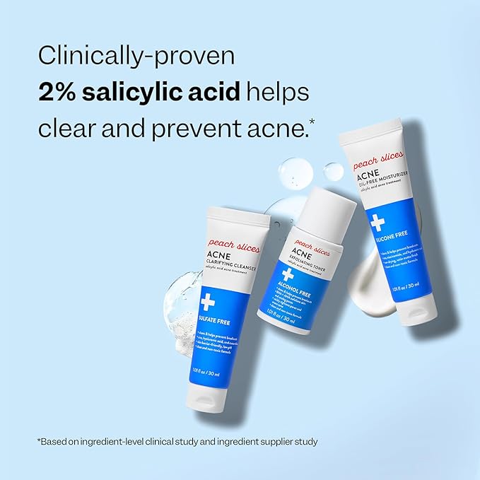 Peach Slices - 3-Step Acne Starter Kit (3 Products) - Skin Care Set - 1 Toner, 1 Cleanser, 1 Oil Free Moisturizer - 2% Salicylic Acid & Botanicals - Vegan & Cruelty Free - Korean Skin Care & Beauty