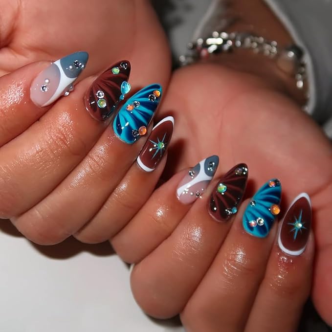 Long Almond Shape Press on Nails Shape Sparkly Fake Nails with Colorful Rhinestone Stick on Nail for Women 24pcs