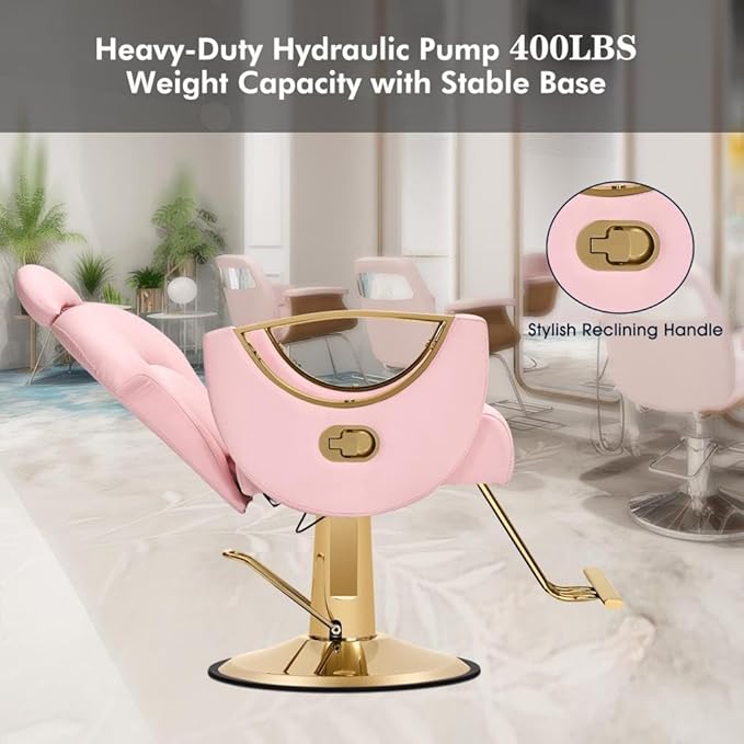 Artist hand Pink Barber Salon Chair Reclining, Heavy Duty Hairdressing Styling Chair with Oversized Hydraulic Pump 360 Degree Swivel, Modern Beauty Spa Equipment, Max Load 400 LBS