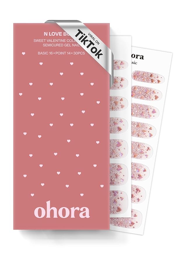 ohora Semi Cured Gel Nail Strips (N Love Bomb) - Pink, Glitter, Works with Any UV/LED Lamps, Salon-Quality, Long Lasting, Easy to Apply & Remove - Includes 2 Prep Pads, Nail File & Wooden Stick