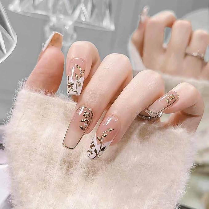 RikView French Tips Press on Nails Long Fake Nails White Nails Glossy Coffin Nails for Women 24 PCs/Set