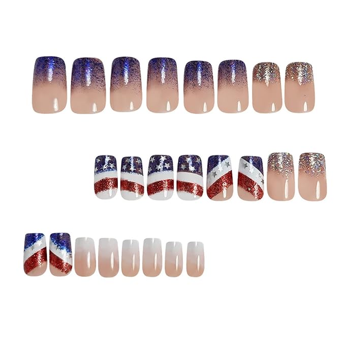 24Pcs 4th of July Press on Nails Short Square Fake Nails Silver French Tip False Nails with American Flag Design Glossy Full Cover Artificial Glue on Nails Independence Day Stick on Nails for Women