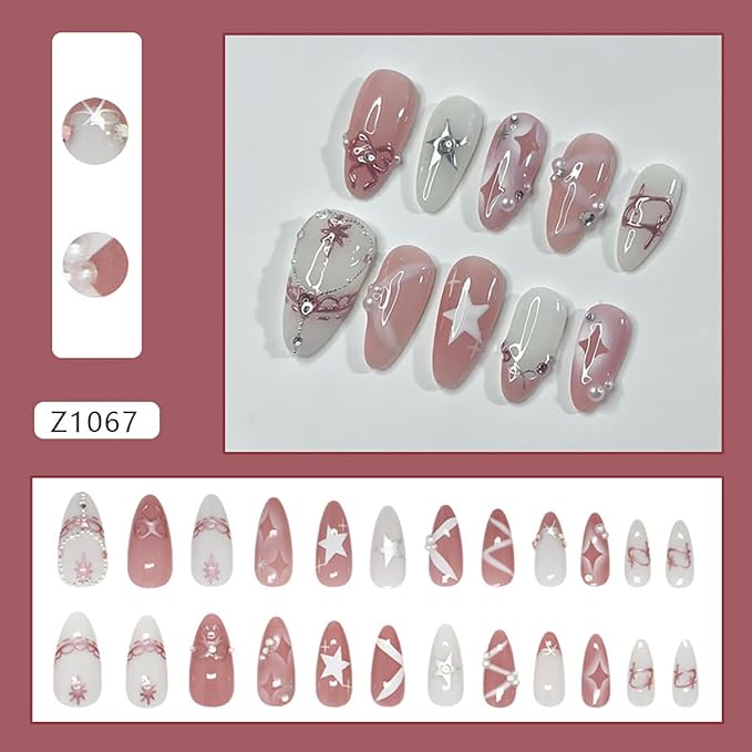24Pcs Cute Bow Press on Nails Medium Almond Fake Nails Star with Rhinestones Pearl Glitter Designs Stick on Nails Pink Full Cover Glue on Nails French Tip False Nails for Women Girls Acrylic Nails DIY