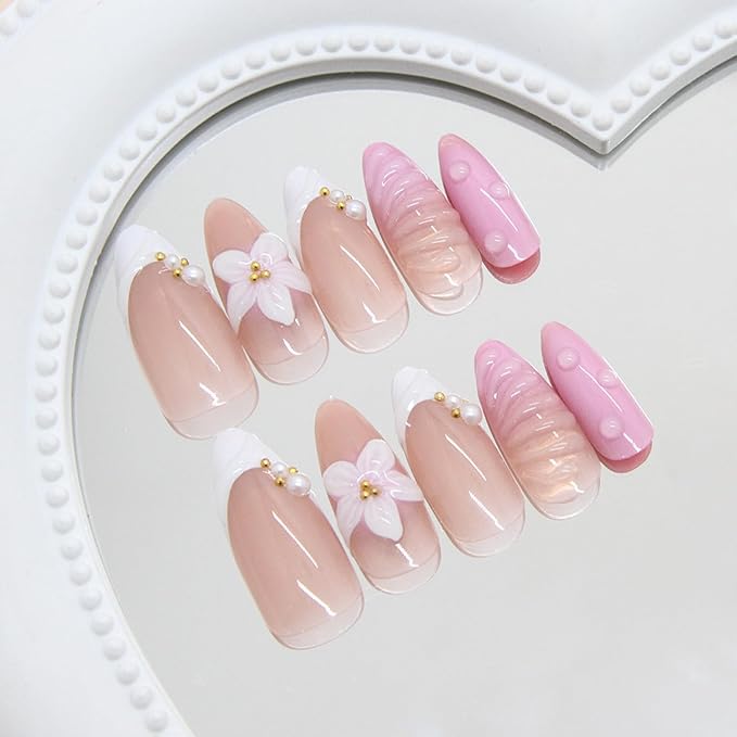 24Pcs Flower Press on Nails Medium Almond Fake Nails with 3D Floral Pearl Gold Beads Design White French Tip Nails Glossy Pink Nude Glue on Nail Full Cover Acrylic Stick on Nail for Women