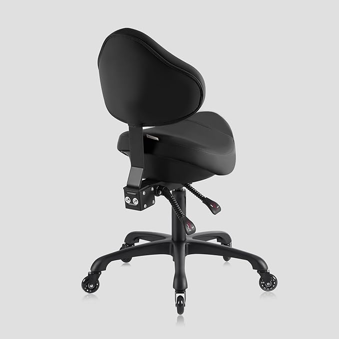 Pneumatic Swivel Rolling Saddle Chair with Wheels and Ergonomic Back Support for Hair Stylist, Dental Hygienist, Hygienic Clinic, Spa, Massage, Home, Office - 510 KOA (Black, Standard)