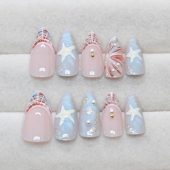 24Pcs Medium Almond Press on Nails Blue French Tip Fake Nails 3D Gold Starfish Shell Press ons with Pearl Glitter Glue on Nails Summer Beach False Nails Cute Stick on Nails for Women Girl Acrylic Nail