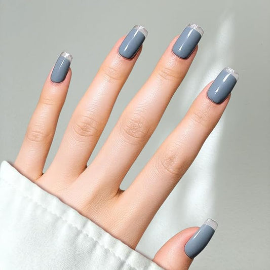 Perfect Look Press On Nails - Crystal Fog | No Glue One-Day Medium Square Nails, Light Grey Nails with Clear Glitter Tips - 24 Pcs Nail Kit with Adhesive Tabs