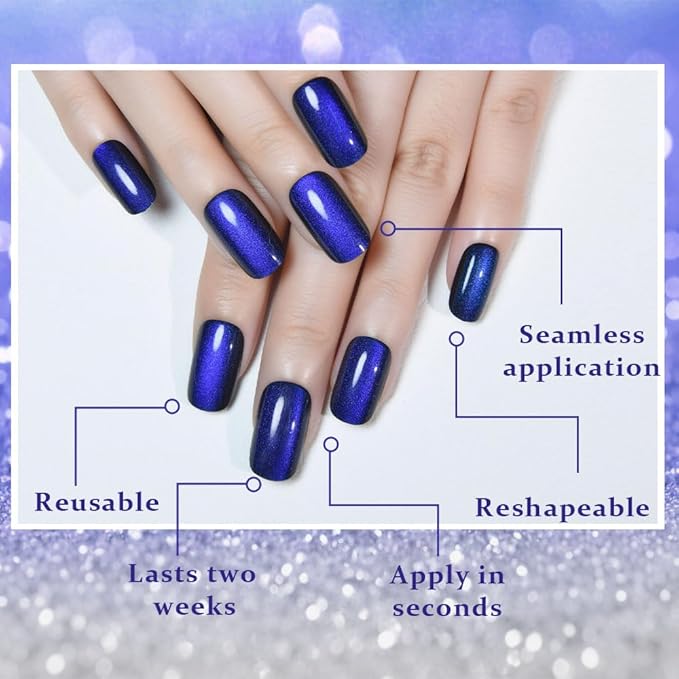 Cat Eye Royal Blue Press On Nails Medium Long Length Square, Designer Reusable Acrylic Fake Nail with Glue, Glossy Gel Nails Wedding Party, Stick On Glue On Nail, Nails Press Ons for Women