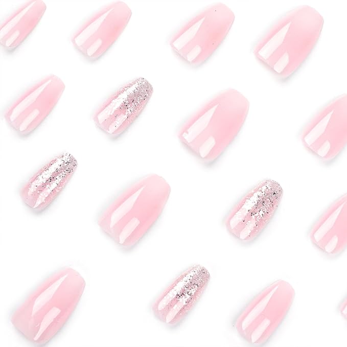 Short Press on Nails Coffin Fake Nails with Glitter Designs Pink White Gradient Nails Press ons Glossy Glue on Nails Cute Acrylic Nails Daily Wear Simple False Nails Stick on Nails for Women 24Pcs