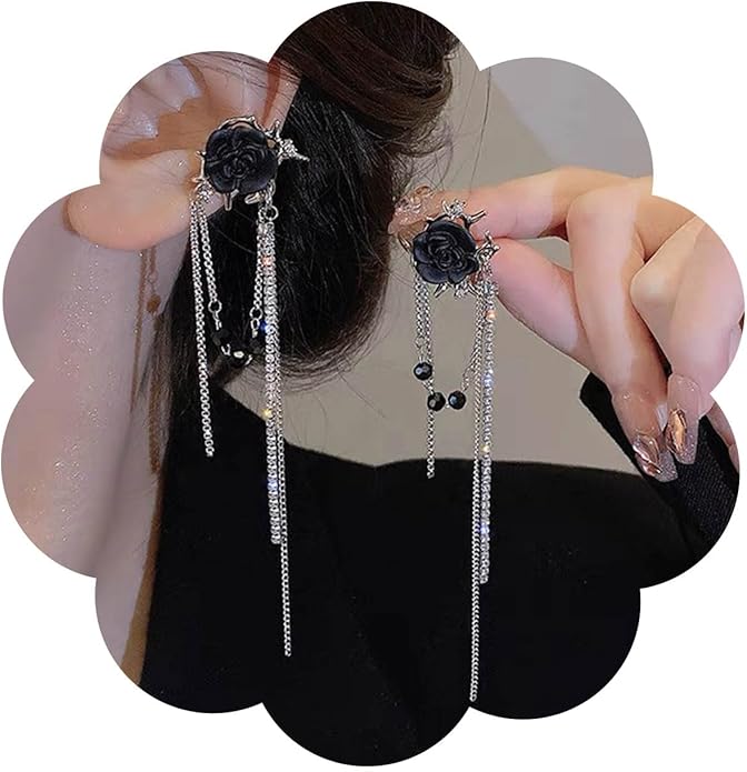 Punk Black Rose Flower Earring Long Rhinestone Chain