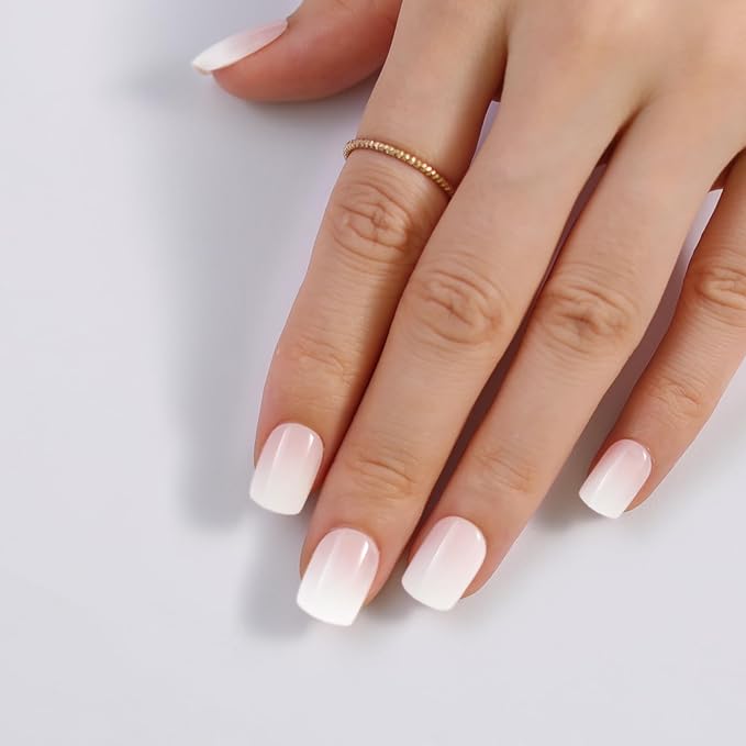White Ombre Press On Nails Short, Glossy Soft Gel Press On Nails Square with Nail Glue, 15 Sizes - 30 Fake Nails Kit, Thick Natural Reusable Glue On Nails for Women, Silken White
