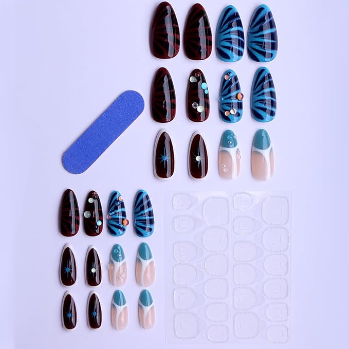 Long Almond Shape Press on Nails Shape Sparkly Fake Nails with Colorful Rhinestone Stick on Nail for Women 24pcs