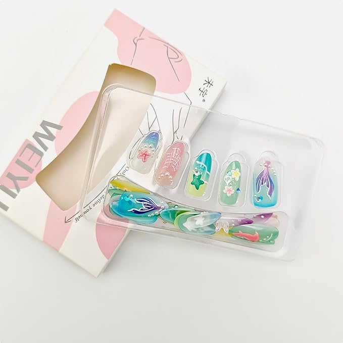 24Pcs Summer Press on Nails Medium Almond Fake Nails Mermaid Shell Starfish Flowers Designs Full Cover French Tip Nails Summer Beach False Nails Stick on Nails for Women Girls Acrylic Manicure DIY