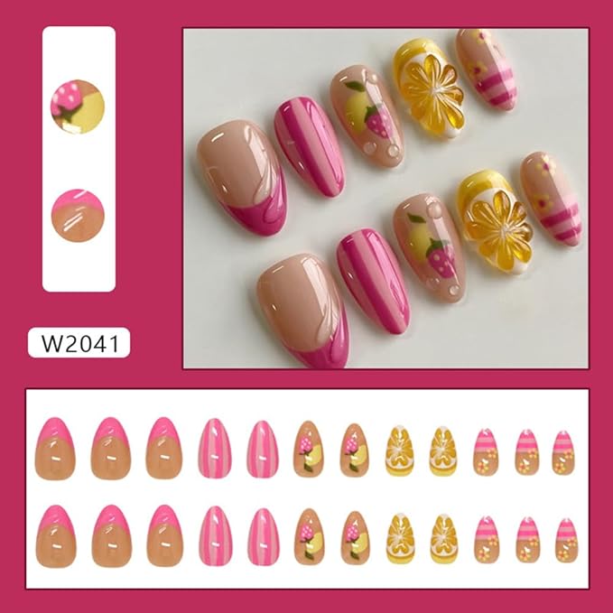 Fruit Press on Nails Short Almond Stick on Nails with 3D Lemon Strawberry Stripe Design Pink French Tip Fake Nails Acrylic Glossy Autumn Glue on Nail for Women Girls Manicure 24Pcs