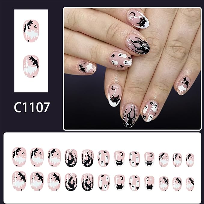 24Pcs Short Almond Press on Nails Halloween Fake Nails with Cute Ghost & Black Cat Bat Designs French Tip Glue on Nails Petite Almond Shaped Acrylic Nails Glossy Nude Full Cover False Nails for Women