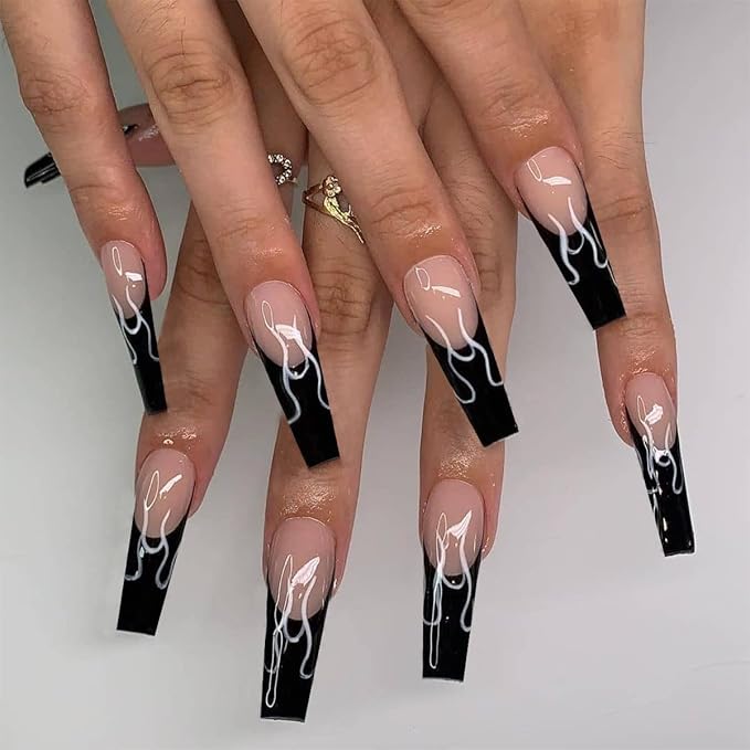 BABALAL Long Press on Nails Coffin Fake Nails Black French Tip Glue on Nails Glossy Acrylic Nails Gothic Falme Design Ballerina False Nails for Women and Girls