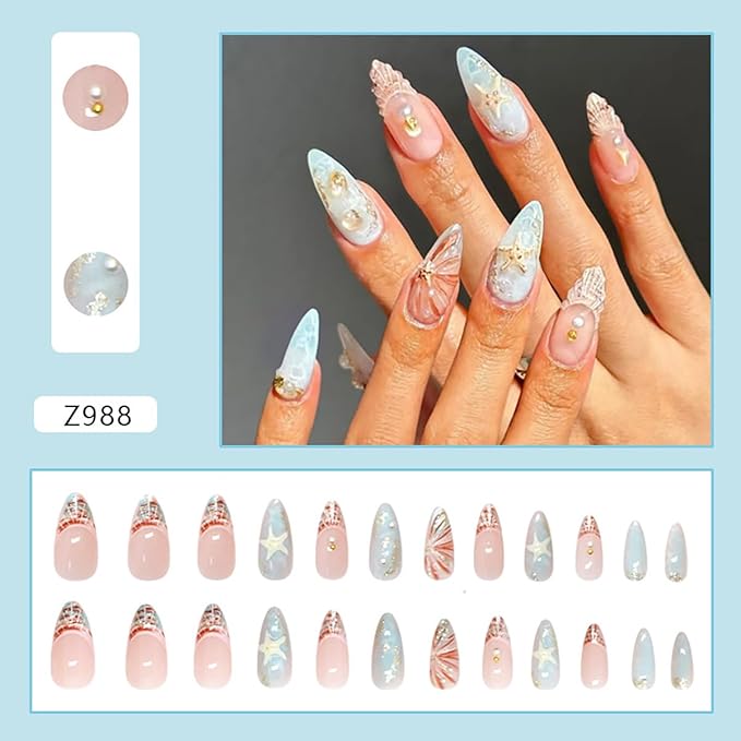 24Pcs Medium Almond Press on Nails Blue French Tip Fake Nails 3D Gold Starfish Shell Press ons with Pearl Glitter Glue on Nails Summer Beach False Nails Cute Stick on Nails for Women Girl Acrylic Nail