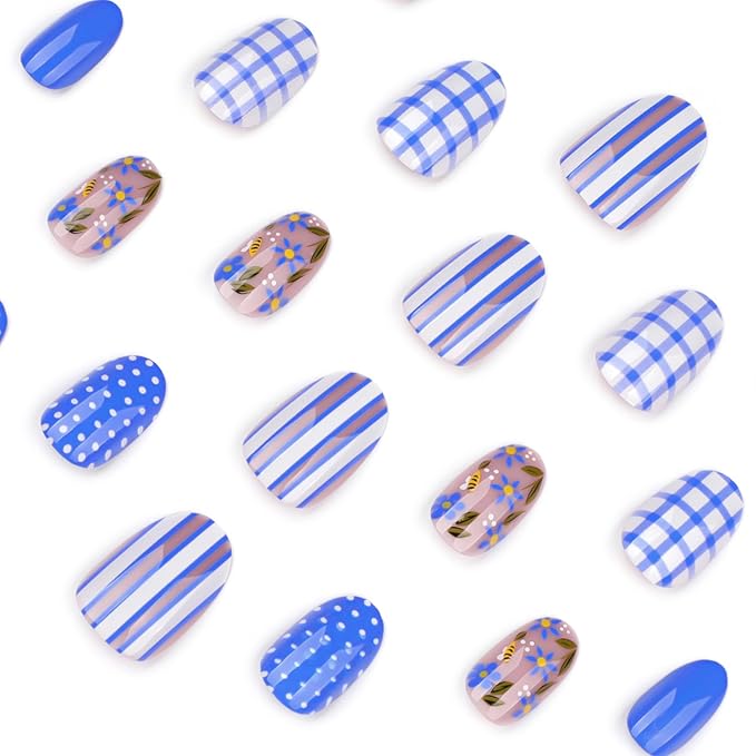 24Pcs Blue Press on Nails Short Almond Fake Nails with Designs Reusable Summer Flower Acrylic Nails Cute Bee Glue on Nails Blue And White Plaid False Nails Solid Color Stick on Nails for Women