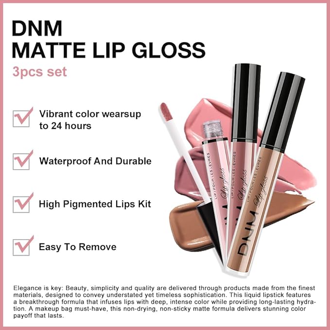 AMY'S DIARY 3Pcs Matte Liquid Lipstick Set, Peach Nude Rosewood Nude Caramel Brown Lip Stain Kit, Lip Stain Long Lasting 24 Non-Transfer Lip Gloss, Waterproof Lip Gloss Gift Makeup for Women Lippies