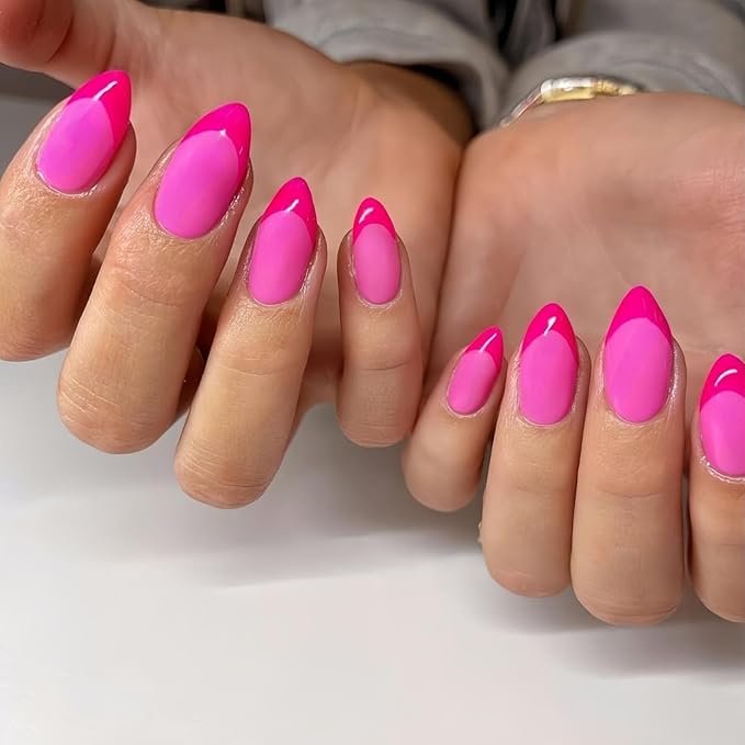 Hot Pink French Tip Press on Nails Short Almond Nails Press ons, Short Fake Nails with Matte Finish, Vibrant Neon Pink French Glue on Nail False Nail for Women,Fushia in 32 Pcs 16 Sizes