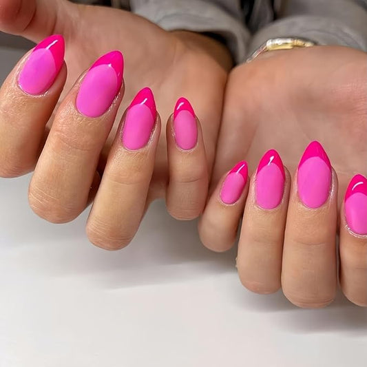 Hot Pink French Tip Press on Nails Short Almond Nails Press ons, Short Fake Nails with Matte Finish, Vibrant Neon Pink French Glue on Nail False Nail for Women,Fushia in 32 Pcs 16 Sizes