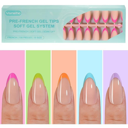 Vansiho 150Pcs French Gel Almond Nail Tips, Medium Press on Nails, Pre-French Acrylic Fake Tips for Nail Art DIY - 15 Sizes