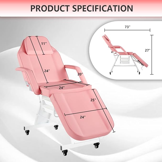 Tattoo Chair for Client Facial Chair with Wheels 73inch Adjustable Tattoo Bed for Artist Massage Table with Stool Facial Bed for Spa Beauty Pink