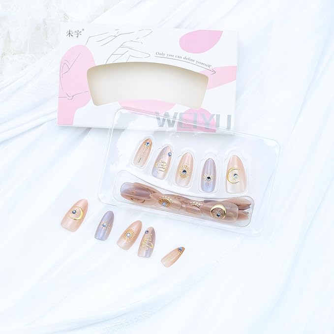 30pcs Purple Press on Nails Short Almond Fake Nails with 3D Snake Star Moon Designs Blue Diamond Glue on Nails Stars False Nails Bohemia Acrylic Nails Full Cover Stick on Nails for Women