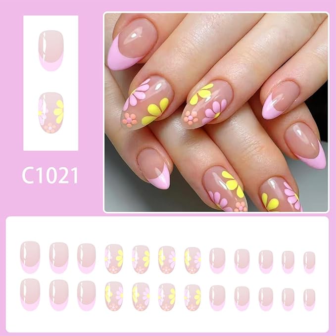 Short Almond Press on Nails French Tip Fake Nails with Flower Design Summer Glue on Nails Glossy False Nails Pink Nail Tips Artificial Acrylic Full Cover Stick on Nails for Women Manicure 24Pcs