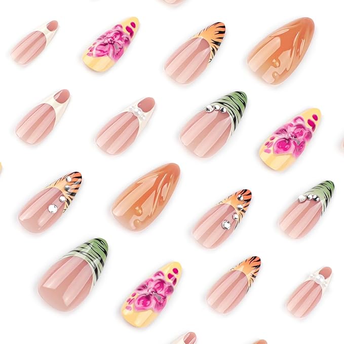 24Pcs Leopard Print French Tip Press on Nails Medium Almond Fake Nails with Rhinestones Design Glossy Nude Brown False Nails 3D Fall Flower Acrylic Nails Glue on Nail 24Pcs Nail Kit for Women Manicure