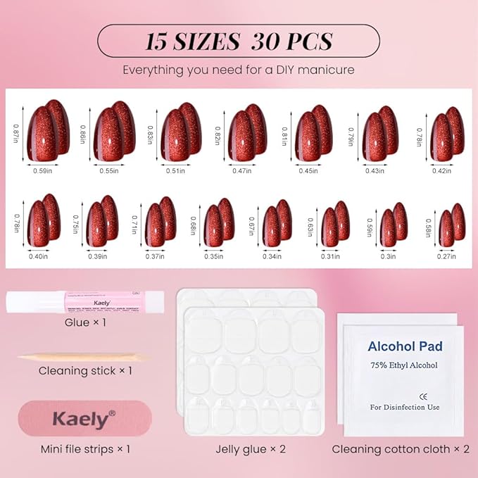 evpct Dark Red Press on Nails Almond Short, Dark Cherry Red Cat Eye Glitter Press on Nails for Women Gift, Soft Gel Press Glue On Nail with Nail Glue, Full Cover, 30Pcs Reusable Acrylic Fake Nails Kit